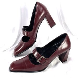 LINEA PAOLO Women Sz 9M Block Heel Pumps Red Leather Mary Jane Square Toe FLAW